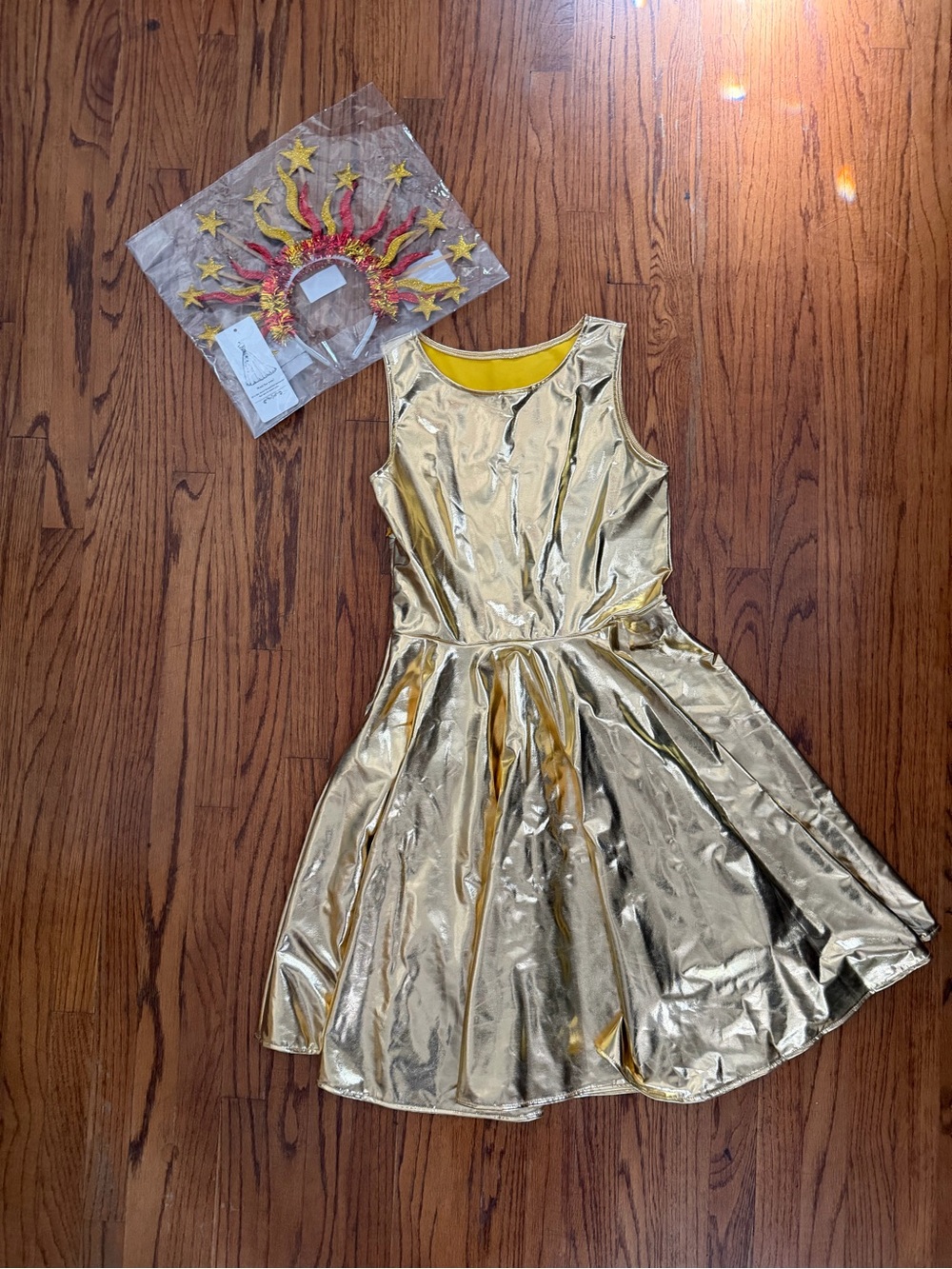 Sun Goddess Costume Set Metallic Gold Skater Dress & Celestial StarHalo Headband